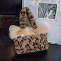 Chic faux fur leopard print tote bag with plush cream fur trim and top handles for winter - Khaki