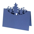 Detail of laser-cut dark blue place card with 3D forest pine tree design on white background - Sapphire Blue