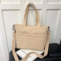 Beige quilted tote bag with diamond stitching and adjustable shoulder strap for women - Khaki