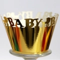 Golden laser-cut baby shower cupcake wrappers featuring stroller and BABY lettering - 5*5*8 / Reflective Gold
