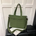 Olive green quilted tote bag with diamond stitching and adjustable shoulder strap - Green