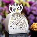 Laser-cut white crown favor box with rose patterns for wedding candy and chocolate - White