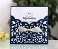 Laser cut navy blue wedding invitation card with elegant cream ribbon and floral lace - Ink Blue