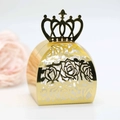 Elegant hollow golden crown candy box with intricate floral pattern for wedding gifts - Reflective Gold
