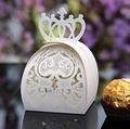 White laser-cut wedding favor box in pearlescent paper with crown top and heart pattern - Ivory