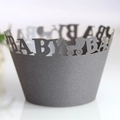 Silver laser-cut cupcake wrapper featuring BABY text and baby stroller hollow patterns - 5*5*8 / Silver Charcoal