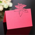 Elegant deep pink glitter place card with laser-cut lily flower for wedding tables - Pearlescent Red