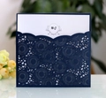 Elegant navy blue laser cut wedding invitation set with floral patterns and MJ monogram - Ink Blue