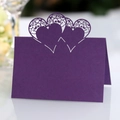Elegant purple laser-cut place card featuring triple heart design for wedding tables - Dark Purple