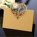 Brown kraft paper One Love heart laser cut wedding place card with V-fold design - Gold