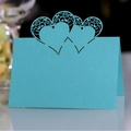 Teal laser-cut place card featuring a triple hollow heart design for table settings - Tiffany Blue