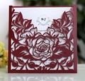 Laser-cut burgundy wedding invitation set with elegant floral hollow-out pattern - Dark Red