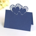 Laser-cut navy blue place card featuring three hollow hearts for wedding table decor - Sapphire Blue