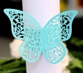 Detailed laser-cut light blue butterfly napkin ring with intricate vine patterns - Tiffany Blue