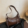 Retro dark brown leather shoulder bag with multiple silver zipper pockets for women - Brown