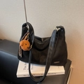 Large black shoulder bag in leather and suede patchwork with a cute teddy bear charm - With Charm / Black