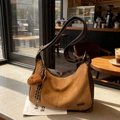 Brown vintage hobo bag in smooth and suede texture with cute bear charm and tassel - With Charm / Brown
