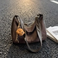 Deep brown large tote bag in faux leather and suede with a plush bear charm - With Charm / Coffee