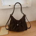 Minimalist large brown suede hobo bag with drawstring pocket in a vintage aesthetic - Brown