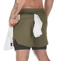 Men's army green 2-in-1 quick-dry sports shorts with black compression liner and towel loop - Army Green With Black Lining