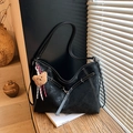Black vintage large tote bag with contrast stitching and brown plush bear charm - With Charm / Black