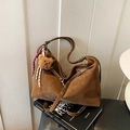 Brown suede tote bag with white stitching, long straps, and a cute plush bear pendant - With Charm / Brown
