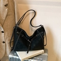 Retro black oversized hobo bag with contrast white stitching on a silver suitcase - No Pendant / Black