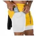 Men's 2-in-1 shorts in bright yellow with white inner layer and phone pocket feature - Yellow With White Lining