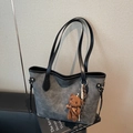 Gray suede tote bag with dog embossing, thin black straps and plush bear charm - Blackish Green With Pendant