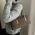 Brown faux shearling fleece bowling bag with smooth leather straps for autumn winter - Dark Khaki