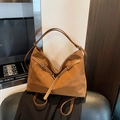 Brown suede tote bag with white contrast stitching and cross strap buckle decoration - No Pendant / Brown