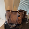 Brown tote bag with embossed cartoon dog and bear charm for trendy daily fashion - Coffee with Pendant