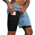 Men's double-layer quick-dry shorts in navy blue with built-in phone pocket - Sky Blue With Black Lining