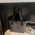 Dark grey embossed tote bag with cartoon dog pattern and black leather handles - Dark Tea Brown (No Charm)