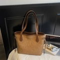 Retro brown PU leather tote bag with embossed cartoon puppy patterns and side drawstrings - Khaki No Pendant