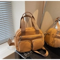Mustard yellow nylon multi-pocket crossbody bag with adjustable strap and dual handles - Brown