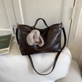 Dark coffee leather tote bag with glossy finish and white plush bunny charm accessory - Coffee with Pendant