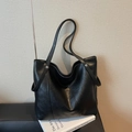 Bolso tote minimalista de cuero PU negro con gran capacidad y detalles metálicos plata - Negro