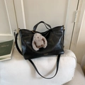 Retro large capacity black tote bag with plush rabbit charm and adjustable strap - Black with Pendant