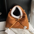 Brown suede handbag with white faux fur trim and cute pompom bow detail for winter - Brown