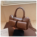 Bolso de mano vintage de cuero PU marrón con bolsillos dobles con solapa y asas - Marrón