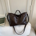Retro dark brown oily leather tote bag with top handle and adjustable shoulder strap - Coffee without Pendant