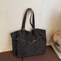 Dark grey large tote bag with suede texture and gold buckle accents for daily commute - Black