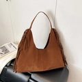 Bruine suède hobo tas met lange franjes en grote capaciteit in tote-stijl - Bruin