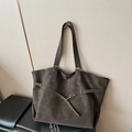 Retro large capacity tote bag in dark coffee leather finish with gold buckles - Gray
