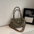 Olive green pillow bag in retro faux leather with wide woven detachable strap - Green Without Pendant