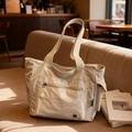 Bolso tote grande de nailon beige con múltiples bolsillos para estudiantes y ocio - Blanco Roto