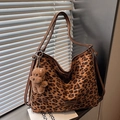 Large leopard print tote bag with brown leather straps and cute bear keychain accessory - Brown with Pendant