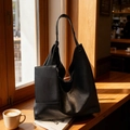 Grand sac cabas noir en cuir PU avec pochette zippée assortie au style minimaliste - Noir