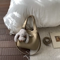 Beige lychee pattern bucket handbag with plush rabbit charm and detachable shoulder strap - Light Khaki With Pendant